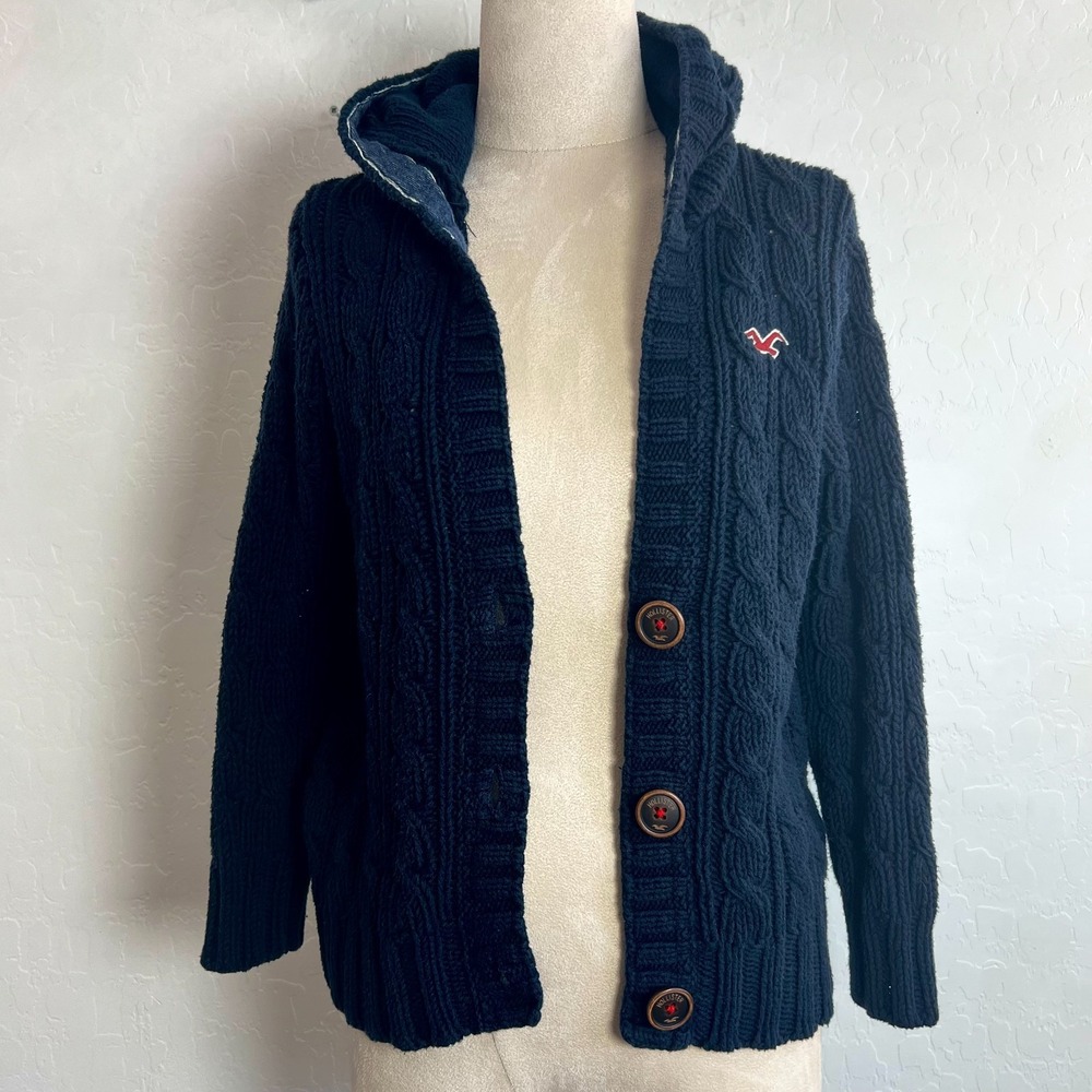 Vintage Y2K Hollister Navy Cable Knit Hooded Cardigan Sweater Size L coastal